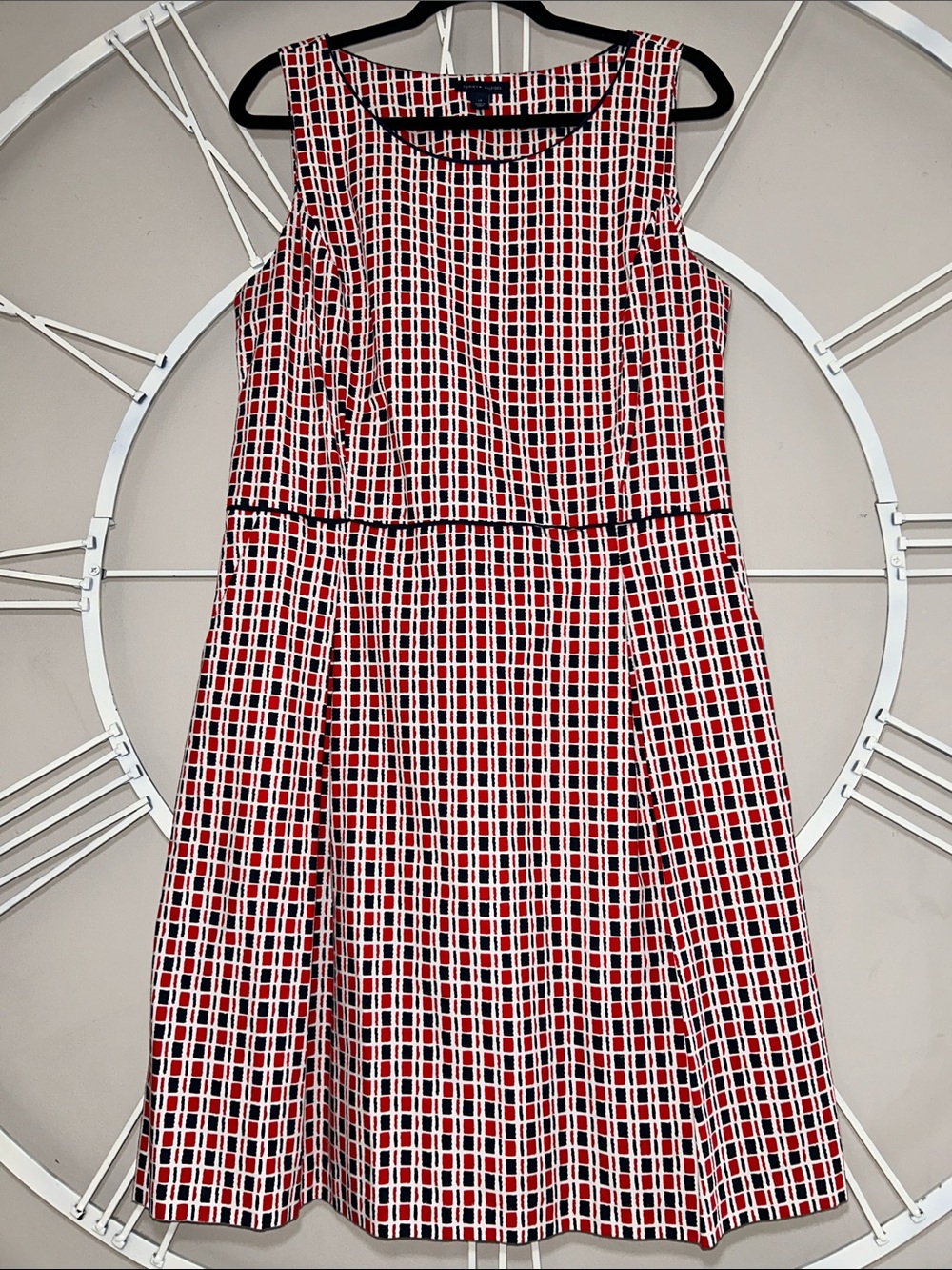 Tommy Hilfiger Sleeveless Checkered Red White & Navy Geometric Square Midi Dress